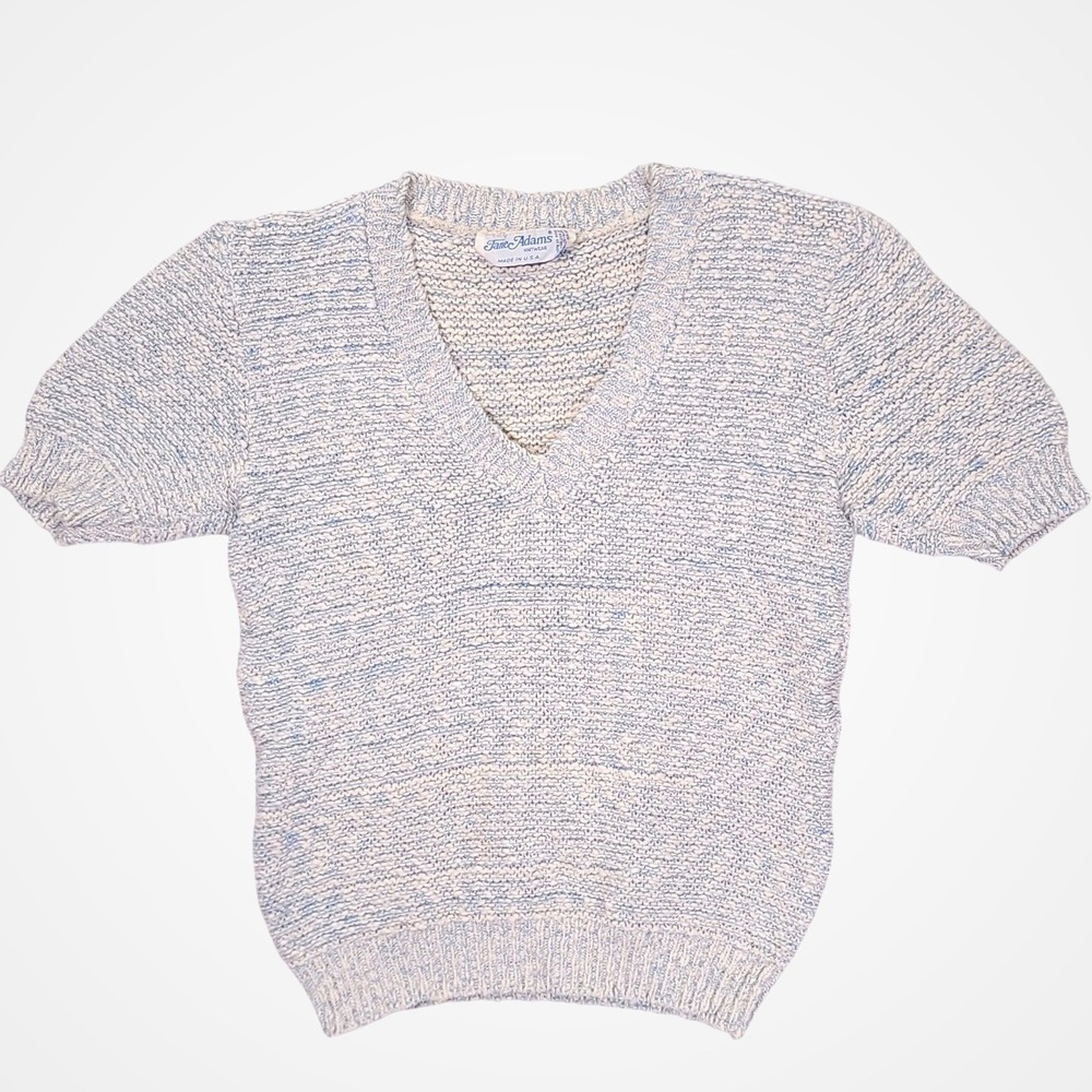 Vintage Jane Adams Knitwear Blue White‎ Marled V-Neck Short Sleeve Sweater USA